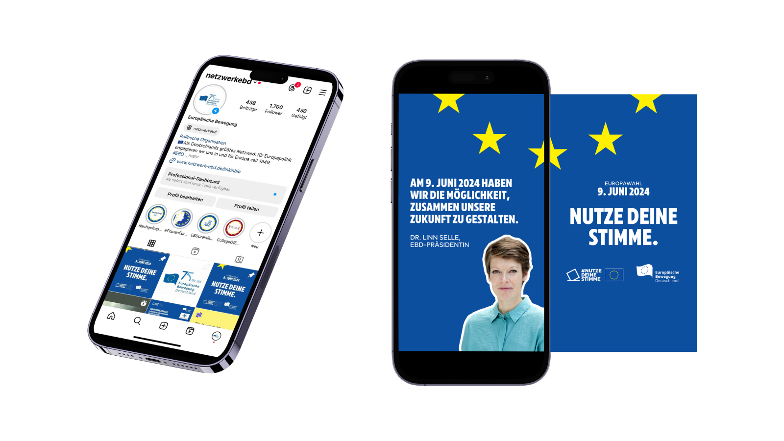 Zwei Smartphones, die das Pofil der EBD in einem Social Media Netzwerk zeigen und dazu aufrufen am 9. Juni 2024 bei der EU-Wahl zu wählen.