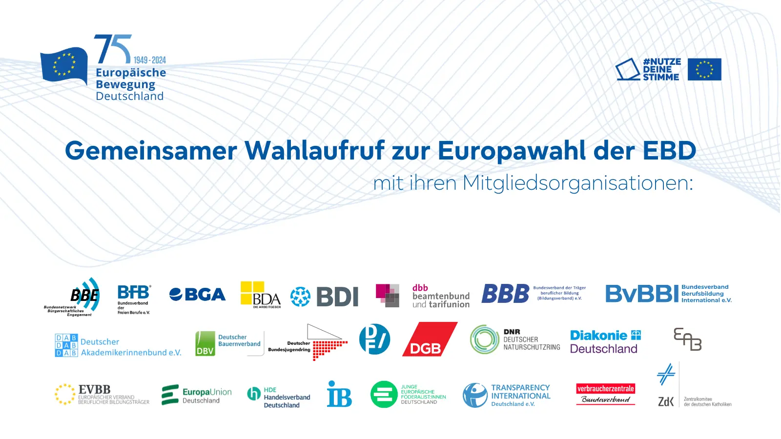 Im Zentrum des Bildes steht groß 'Gemeinsamer Wahlaufruf zur Europawhal der EBD mit ihren Mitgliedsorganisationen'. Darunter sind ca. zwei Dutzend Logos der Organisationen abgebildet.